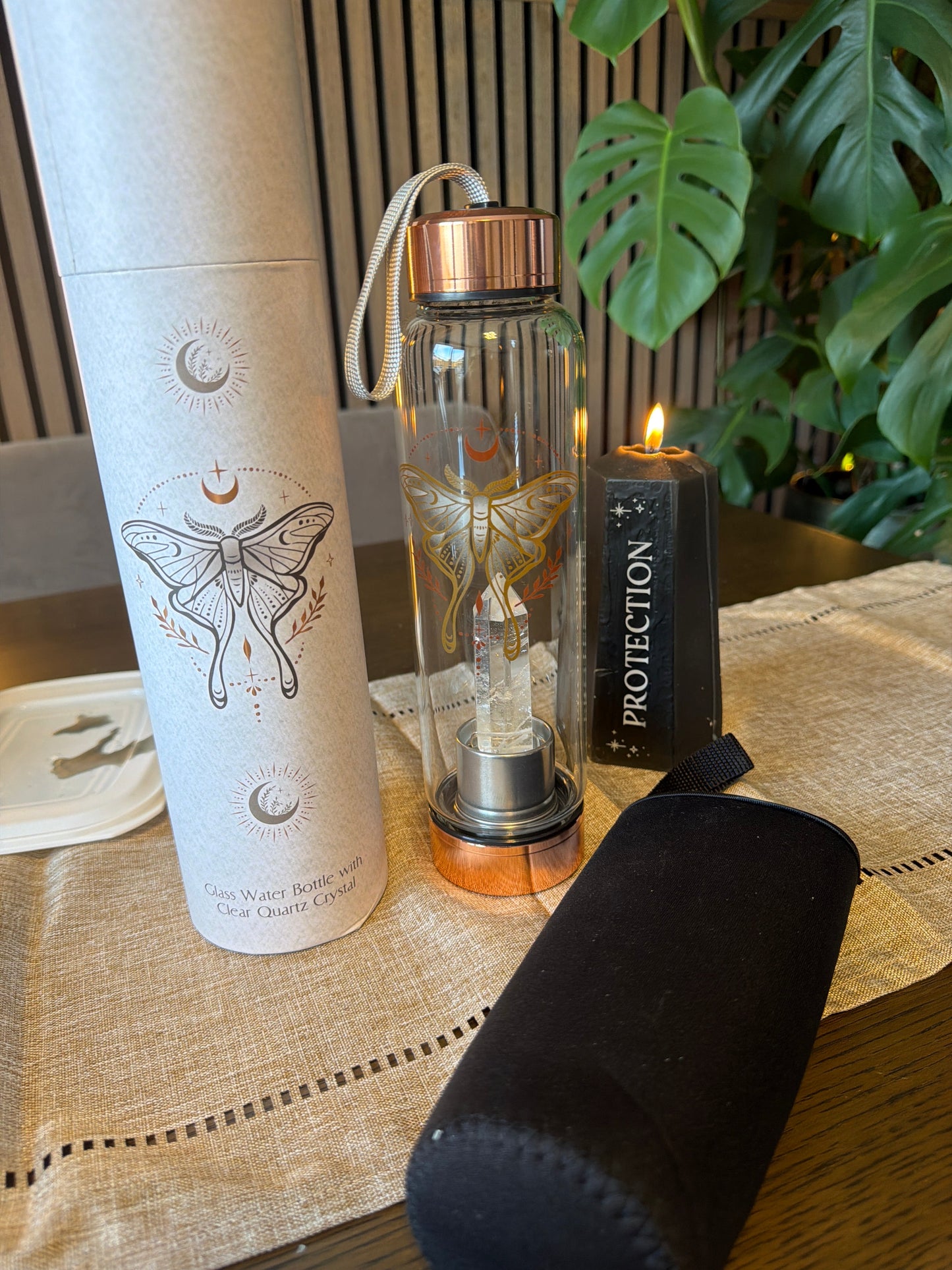 Luna Moth Glass Water Bottle with Clear Quartz Crystal