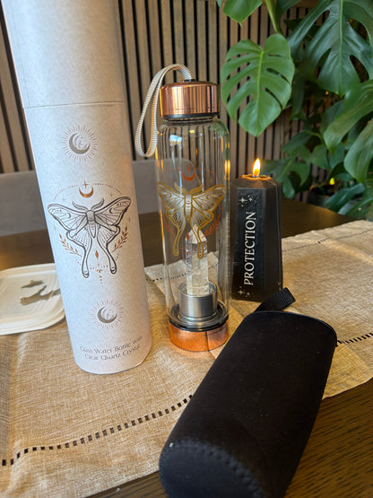 Luna Moth Glass Water Bottle with Clear Quartz Crystal