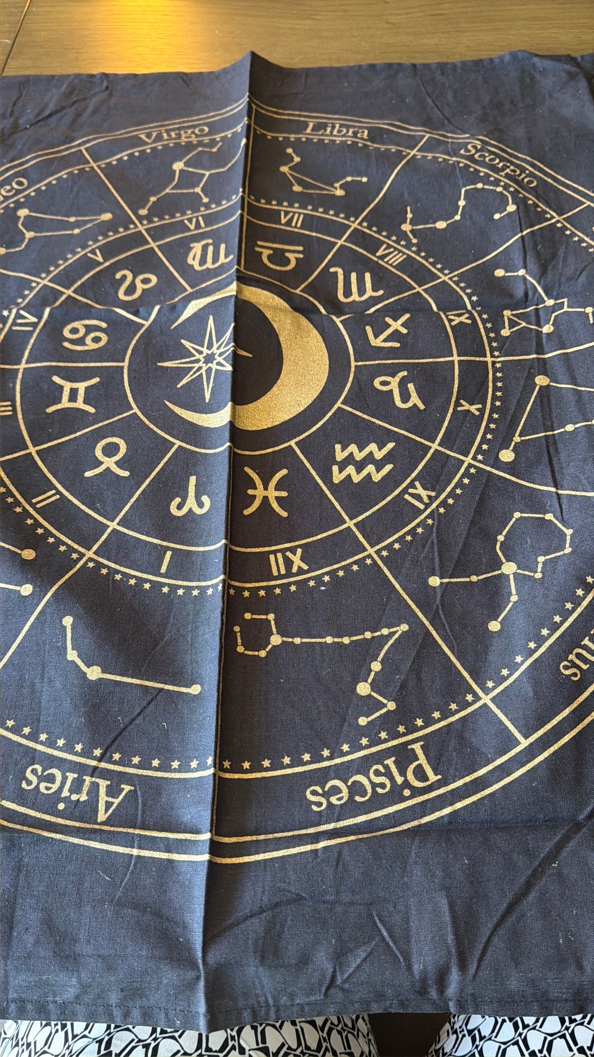 Black cotton altar cloth with gold astrology wheel and zodiac signs