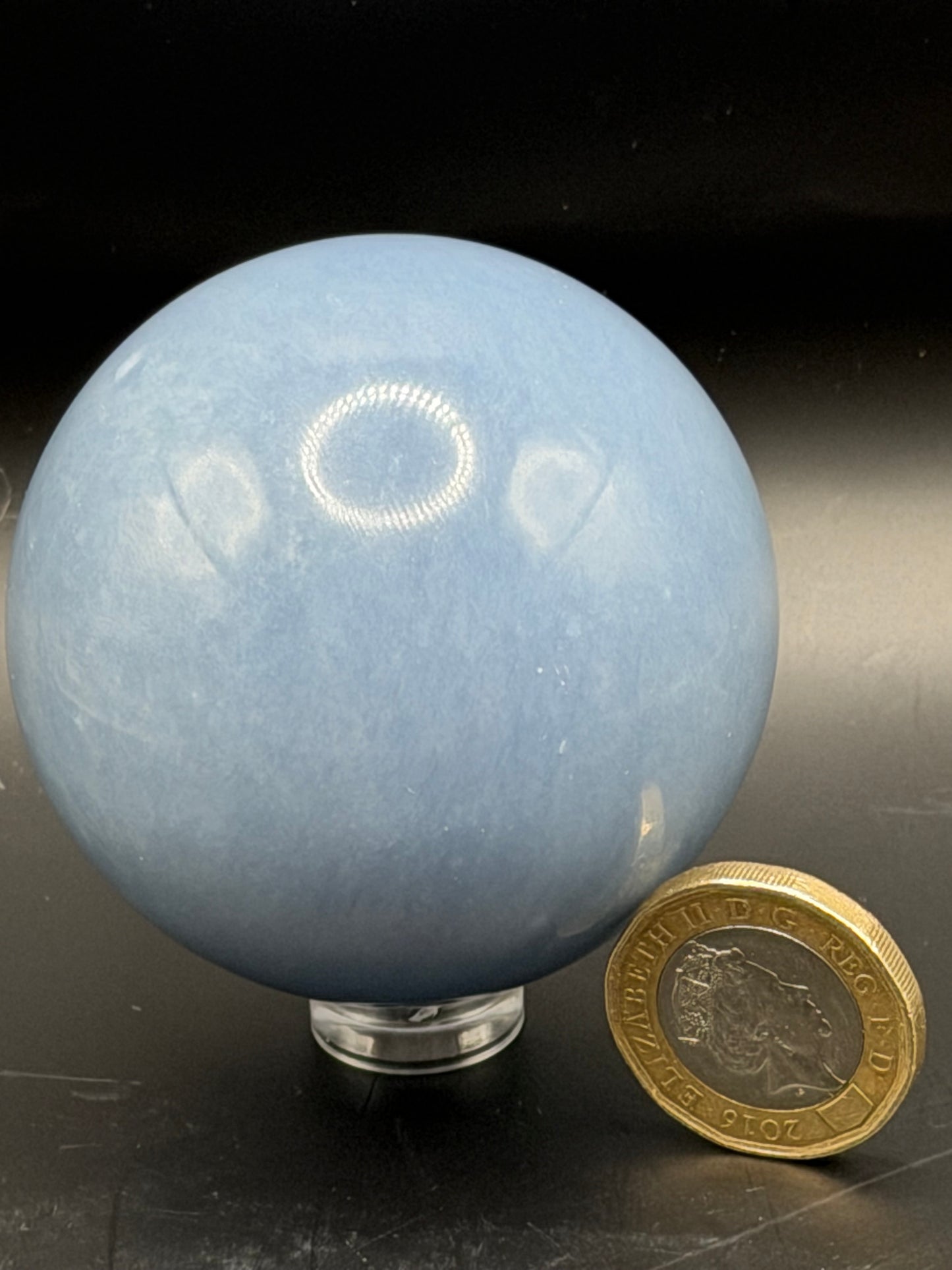 Angelite Sphere: Polished Blue Crystal for Meditation and Display (55 mm