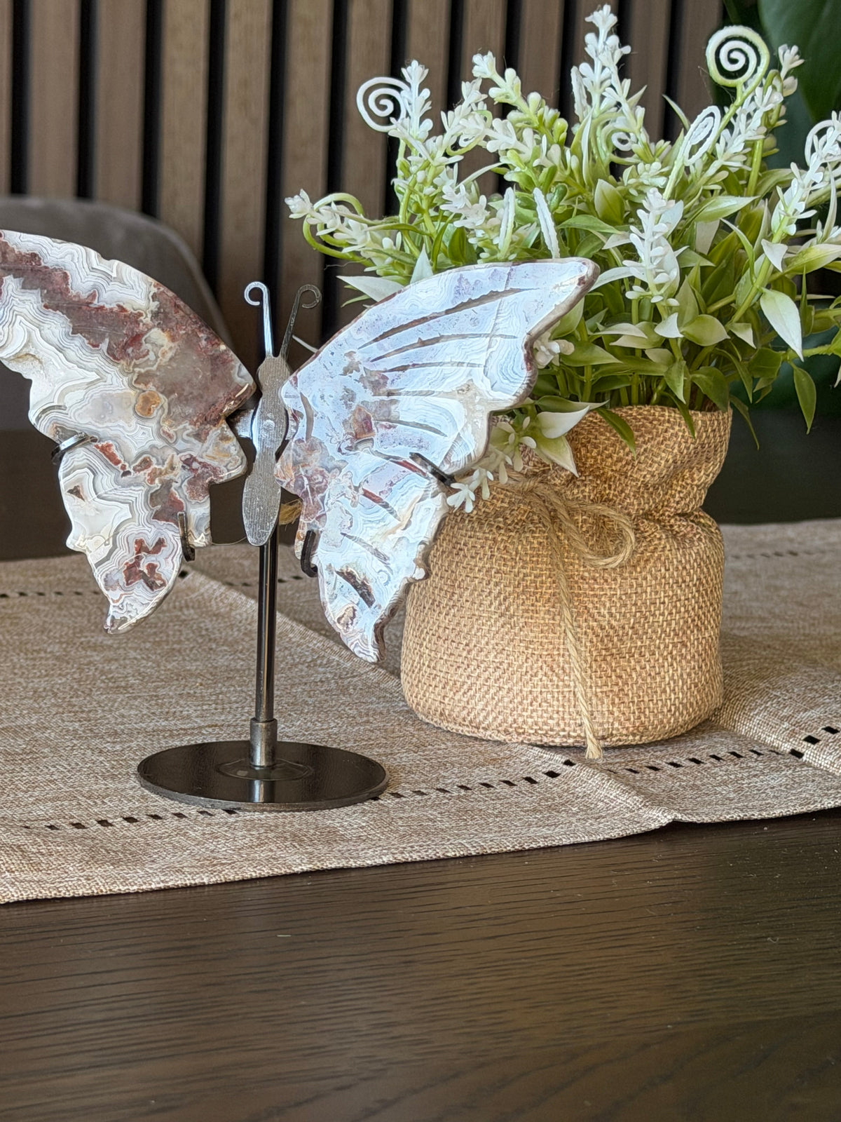Mexican Crazy Lace Agate Butterfly on Stand