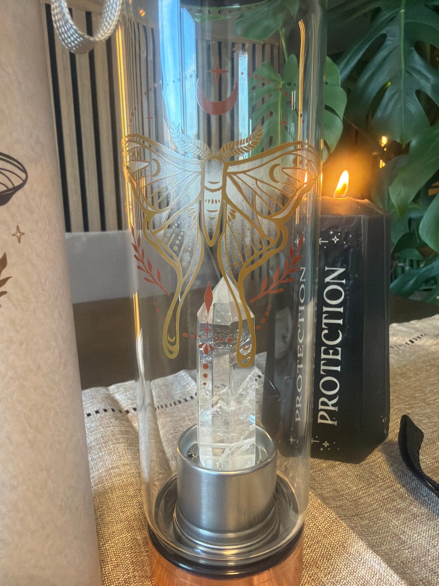 Luna Moth Glass Water Bottle with Clear Quartz Crystal
